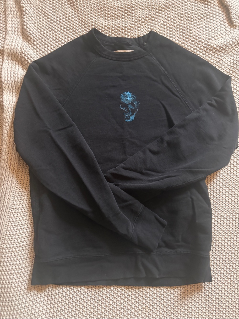 Black Men's Buck Mason Crewneck Sweatshirt with Blue Skull Accent